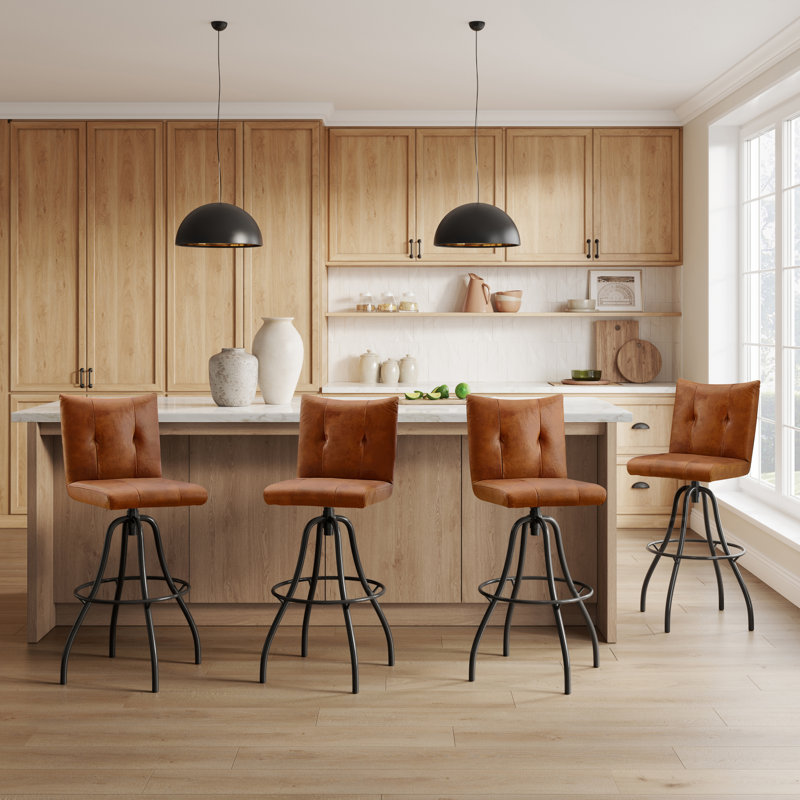 Jaibir Swivel 29.92" Upholstered Top Grain Leather Counter Bar Stools (Set of 2), Distressed Cognac