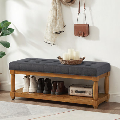 Banc rembourré en lin avec tablette de rangement - Banc repose-pieds capitonné pour le salon du vestibule de la chambre à coucher, pieds décoratifs en bois massif