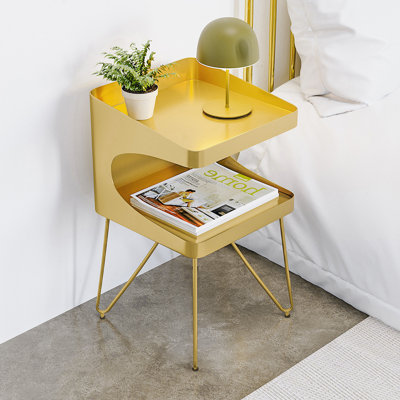 Modern Gold Metal Open Nightstand with 2 Shelves, Industrial Bedside Table with Non-Slip Feet for Bedroom & Living Room