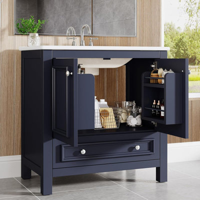 Modern Bathroom Vanity With Sink, Freestanding Cabinet With Ceramic Basin, 2 Doors And Drawer, Navy Blue