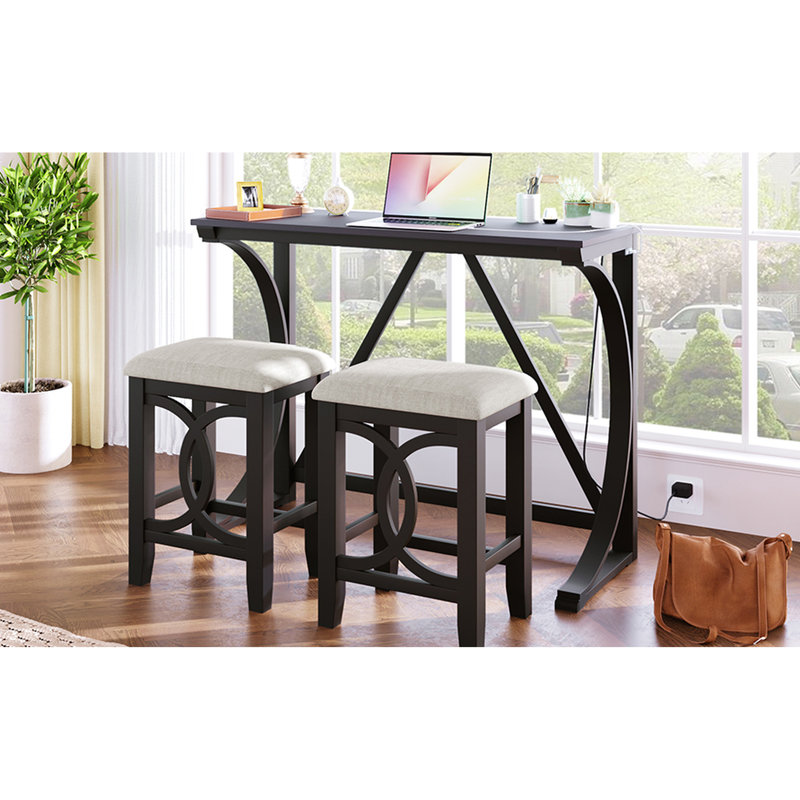 3 tables à manger, tabourets rembourrés, table en bois d'hévéa massif, solution d'espace pour petits espaces, style rustique, design de type C.