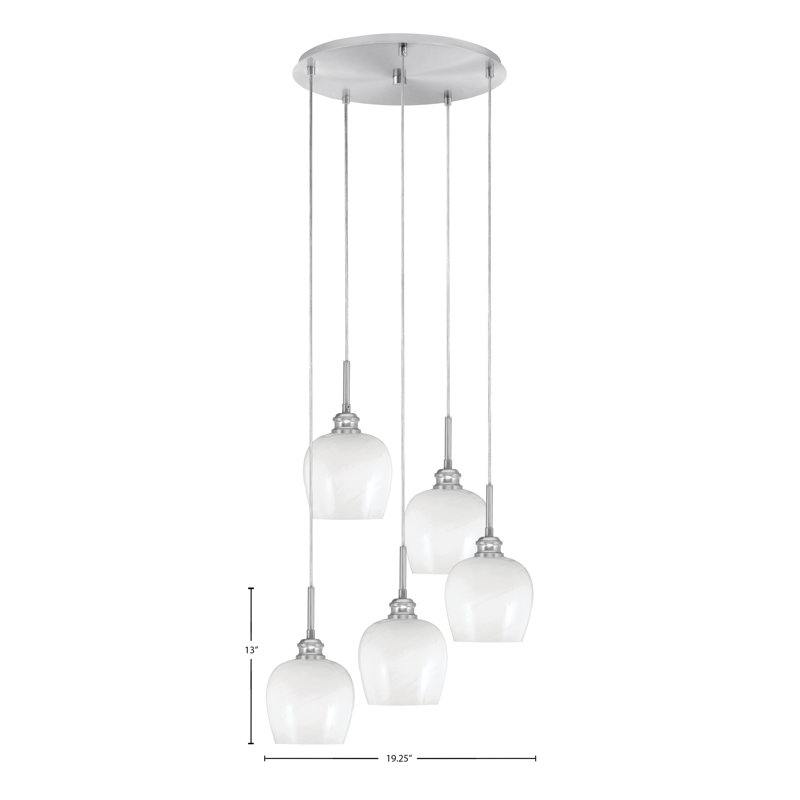 Edge 5 Light Cluster Pendalier With 6" Glass, Brushed Nickel