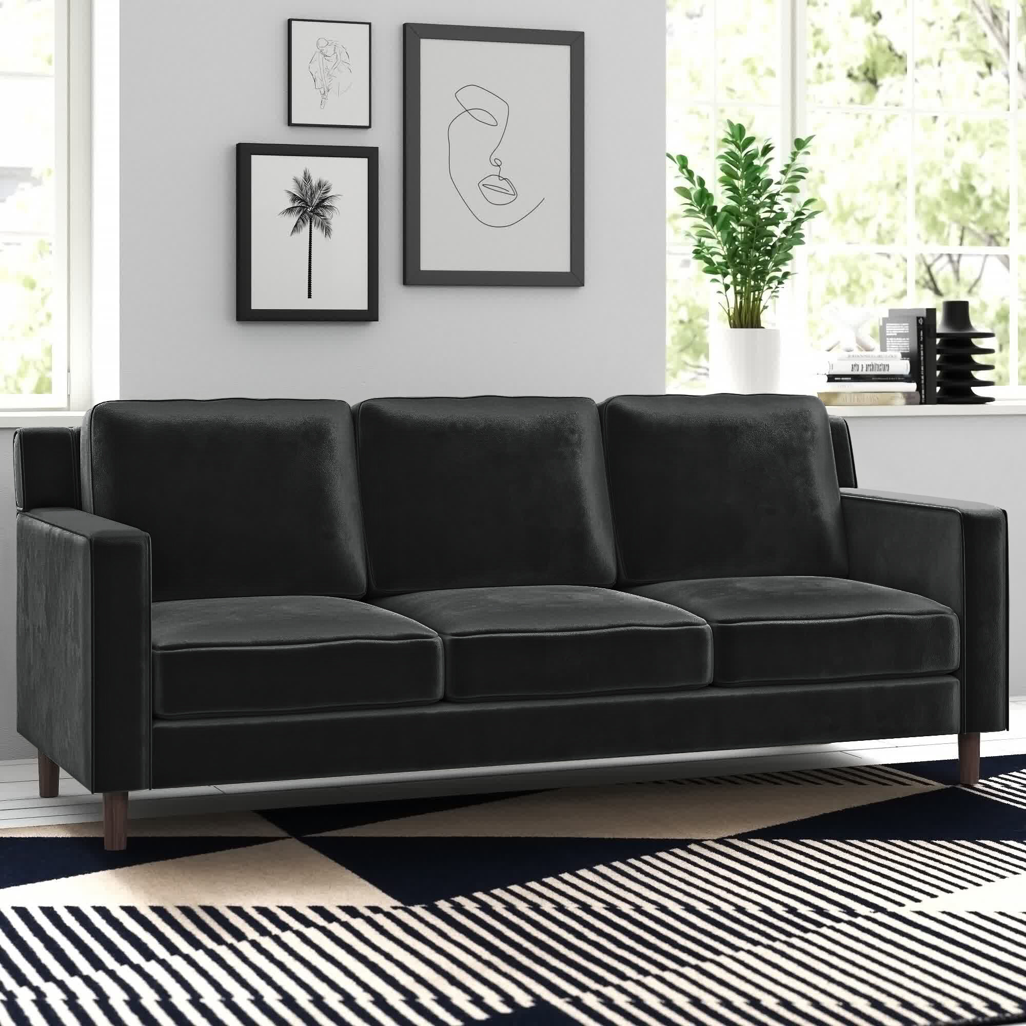 Black Velvet Upholstered Sofa Channel Tufted 3-Seater Sofa