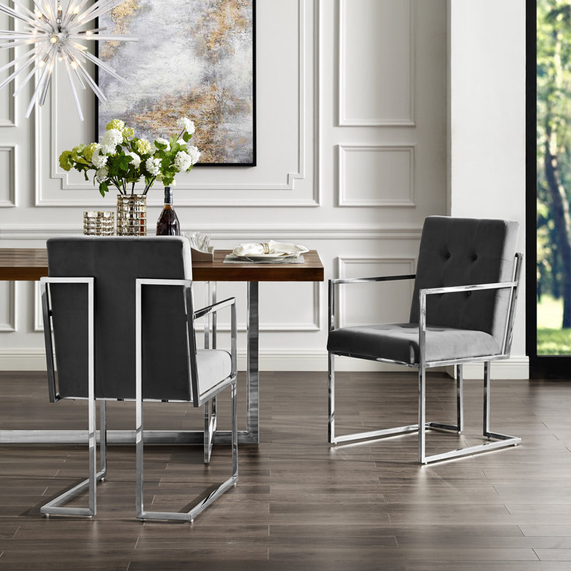 Fauteuil en velours capitonné Vannessa, gris, Chrome