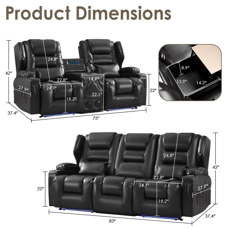 Ensemble de canapé inclinable en cuir 2 pièces avec porte-gobelet de rangement et station de charge, Black
