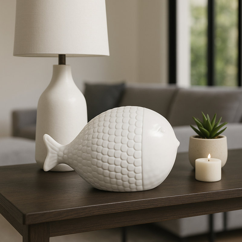 Artistic Ceramic Fish Sculpture Home Decor - Textured Figurine Decorative Object And Modern Statue For Decorations For Living Room - 10", White