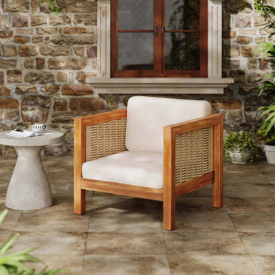 Fauteuil club d'extérieur en bois d'acacia avec accoudoirs et coussins en osier, capacité de 400 lb
