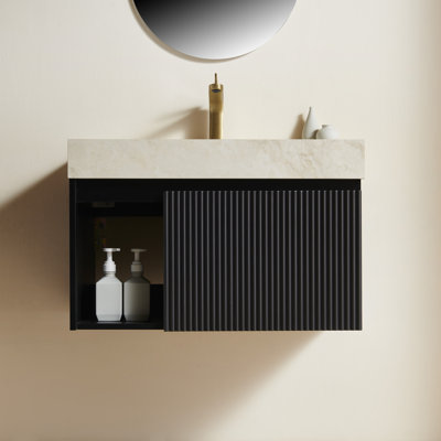 Meuble-lavabo de salle de bain 30 po EIDEN, meuble de rangement flottant, plateau en pierre frittée crème et vasque en céramique avec 3 trous de robinet pré-percés, ensemble noir, sans robinet et drain