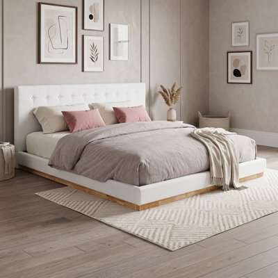Wood Platform Bed with Upholstered Headboard