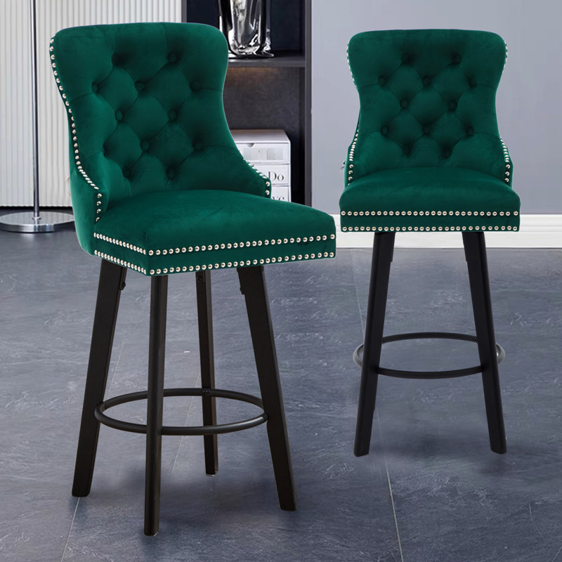 Tabourets de bar en velours avec boutons, anneau en métal, base pour bistro, bar pour la maison, îlot de cuisine avec rotation à 360 degrés sans effort