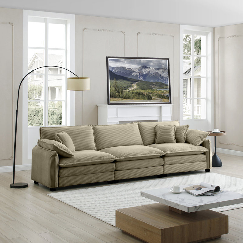 Canapé modulaire Mid-Century 3 places avec 2 accoudoirs et 3 coussins décoratifs, Tanné