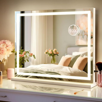 Grand miroir de maquillage de style hollywoodien avec éclairage, 3 modes d'éclairage de couleur, commande tactile, grossissement de 10x
