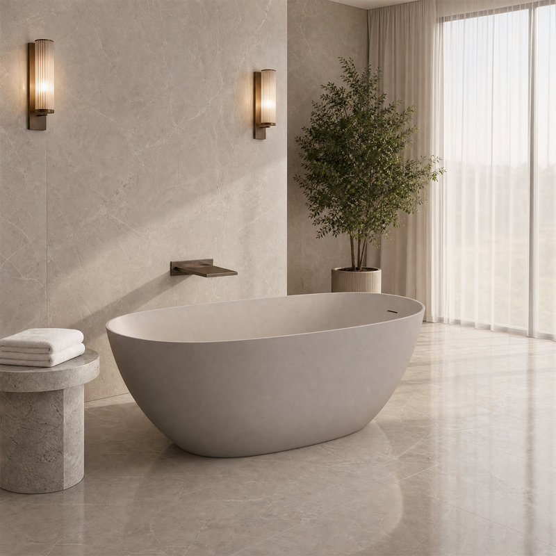 57" Beige Frestanding Solid Surface Soaking Bathtub
