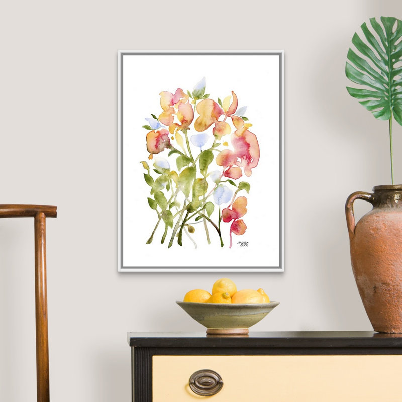 «Blue and Pink Florals» par Andrea Bijou, reproduction sur toile, H 26 po x l 20 po x P 1,75 po, Toile blanche encadrée