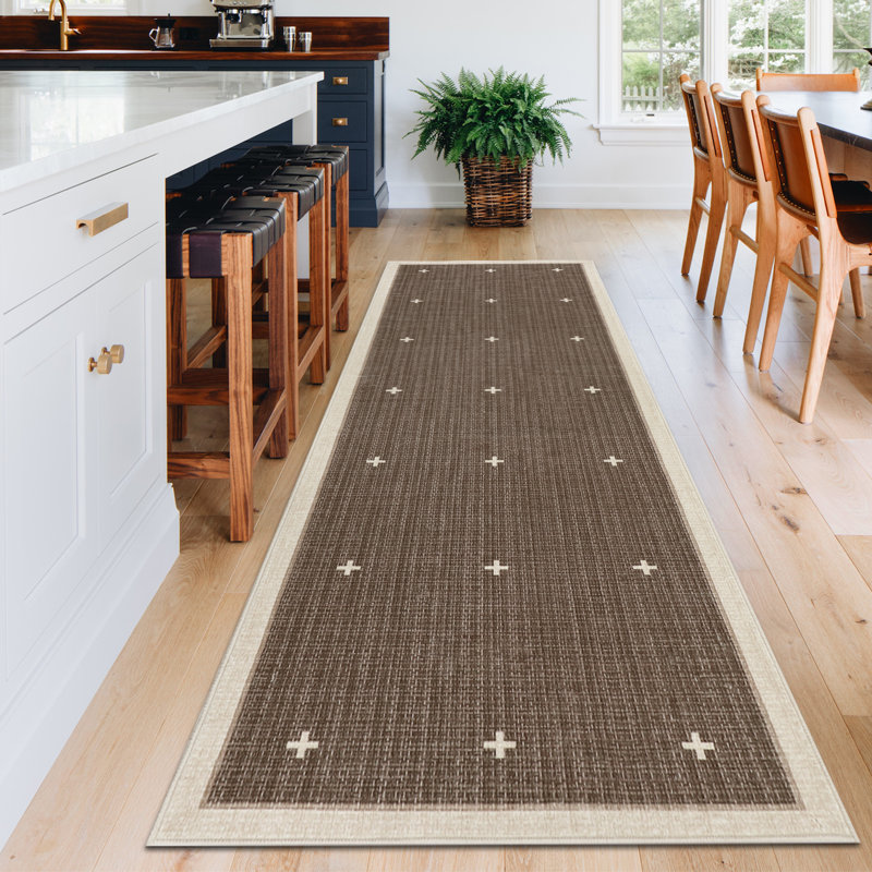 Modern Geometric Runner Rug – Bordered Jute Carpet for Hallway, Entryway, Kitchen, Bathroom, Office – Non-Slip, Low Pile, Machine Washable – Cross Dot Motifs, Tan, 2x6ft