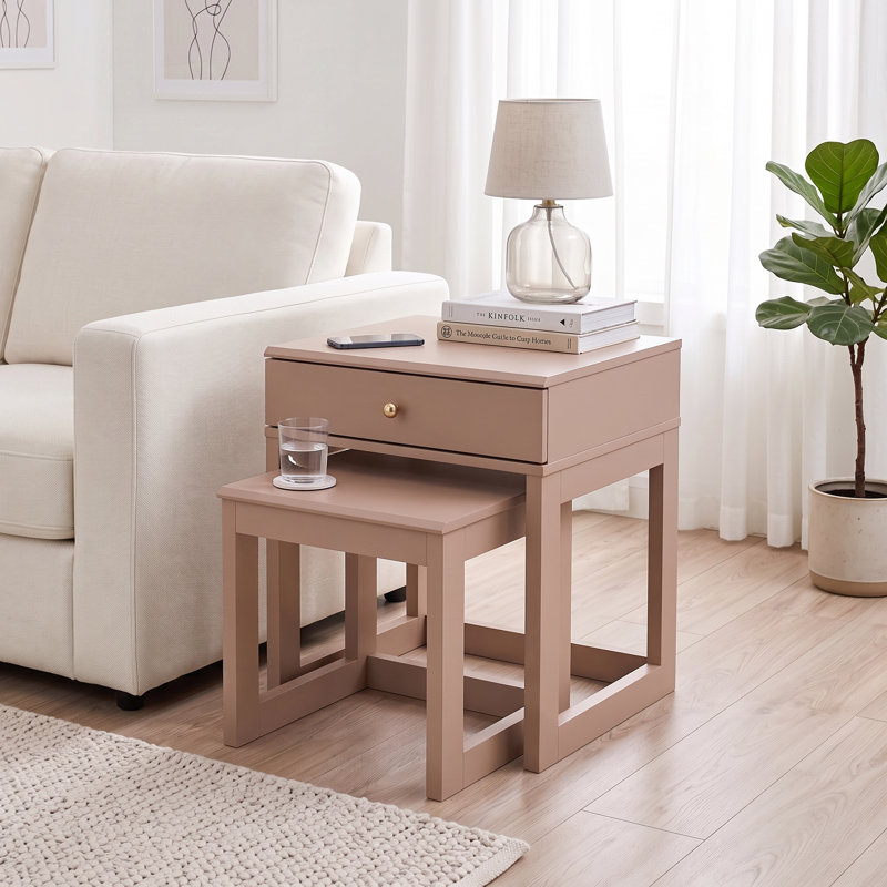 Limestone Tidore 2 Piece Nesting Bedside Table Set with Drawer, Warm Nude