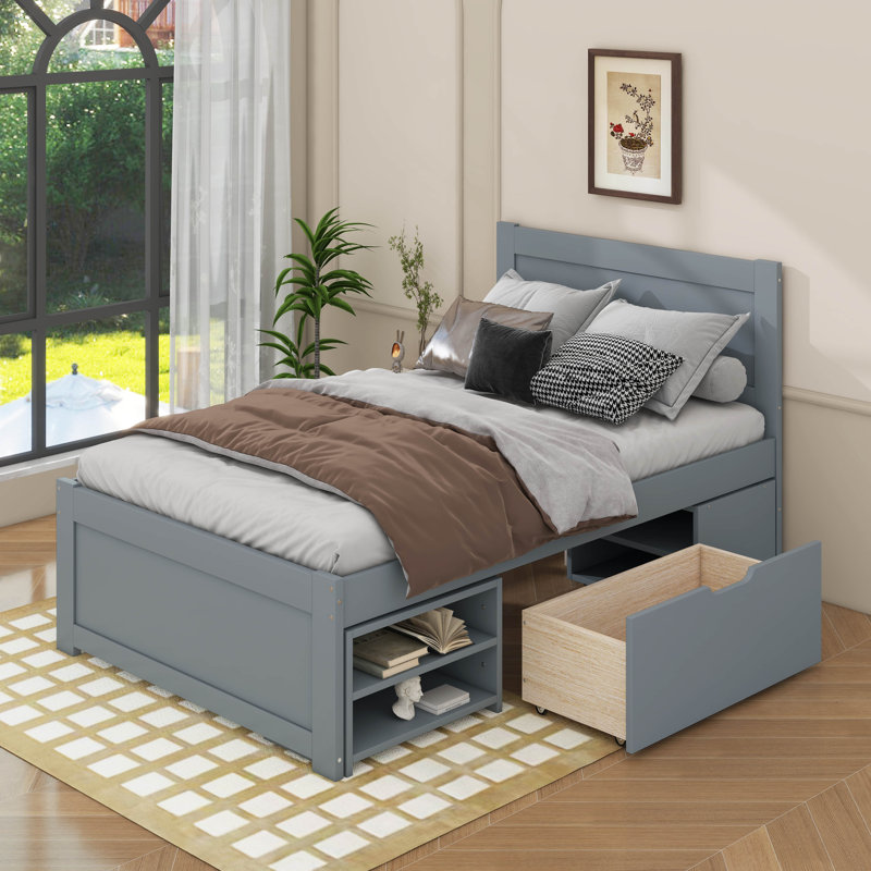 Lit plateforme avec tiroir et tablettes, Gris, Lit double