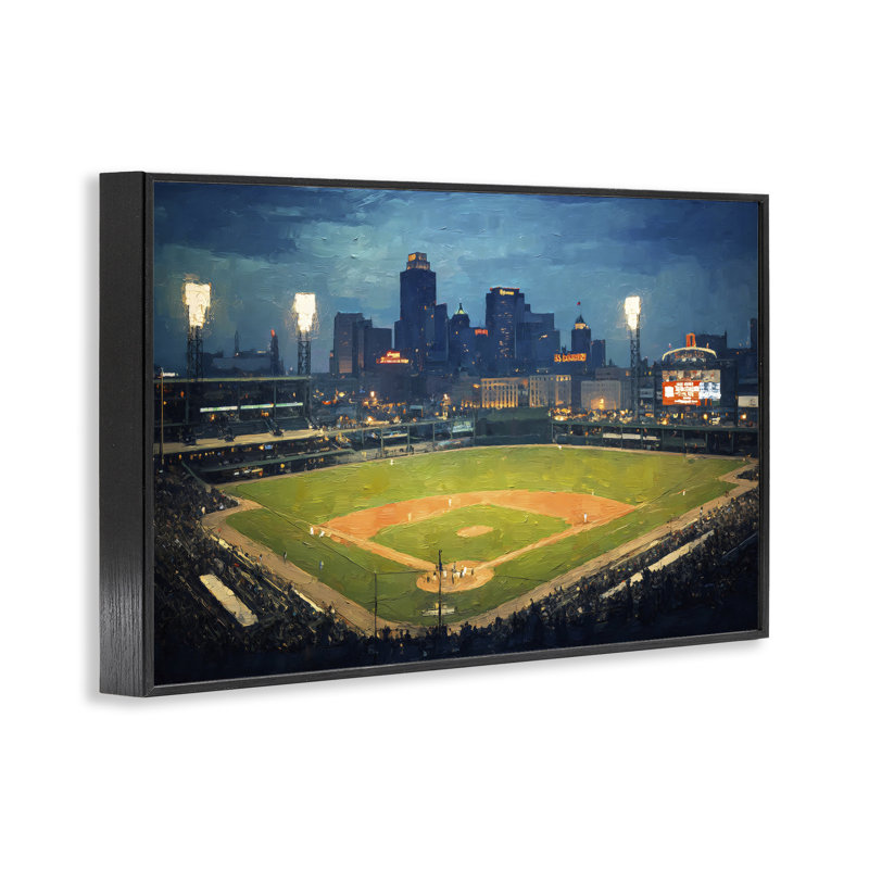 Baseball Stadium at Night, estampe numérique, design par Arlington Prints, H 12 po x l 18 po, Giclée encadrée noir minuit