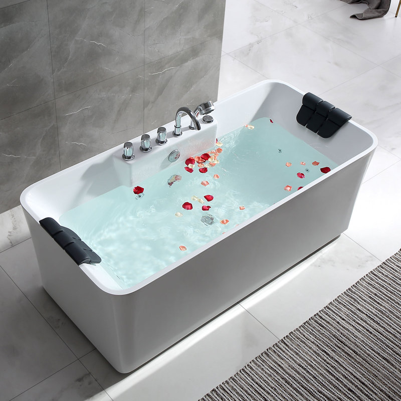 59" White Freestanding Acrylic Whirlpool Bathtub with Faucet