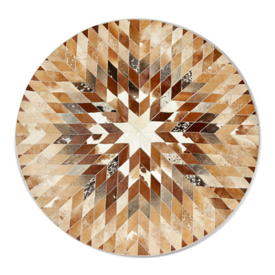 Round Star Cowhide Rug Brown White Patchwork Leather Circle Carpet
