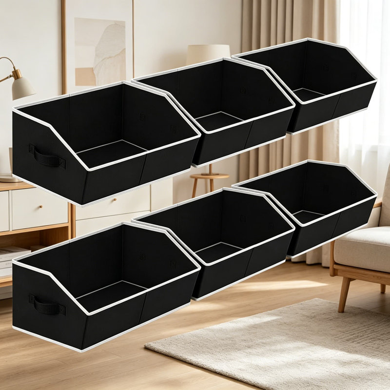 Trapezoid Storage Bins 6 Pack, Stackable Closet Organizers and Decorative Storage Baskets with Handles, Large Non-Woven Fabric Bins for Shelves, Home Organization, Black
