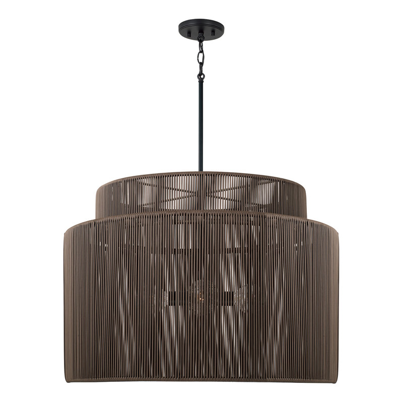 28.75" W x 20.25" H 3-Light Indoor Outdoor Pendant in Matte Black and Hand-wrapped Umber Brown Resin Rope, Umber and Black