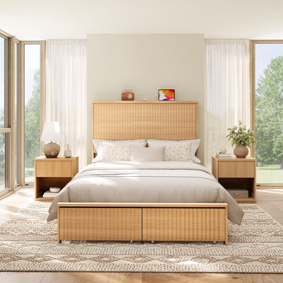 Retro Fluted Bed With 55" Tall Headboard And Storage Drawers