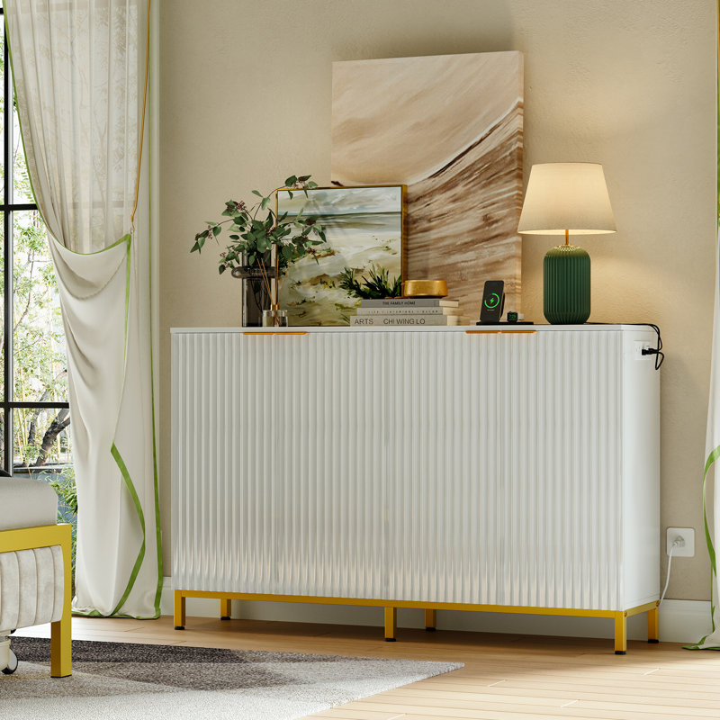 Bestier 55'' White Fluted Buffet Sideboard Cabinet with Power Outlet