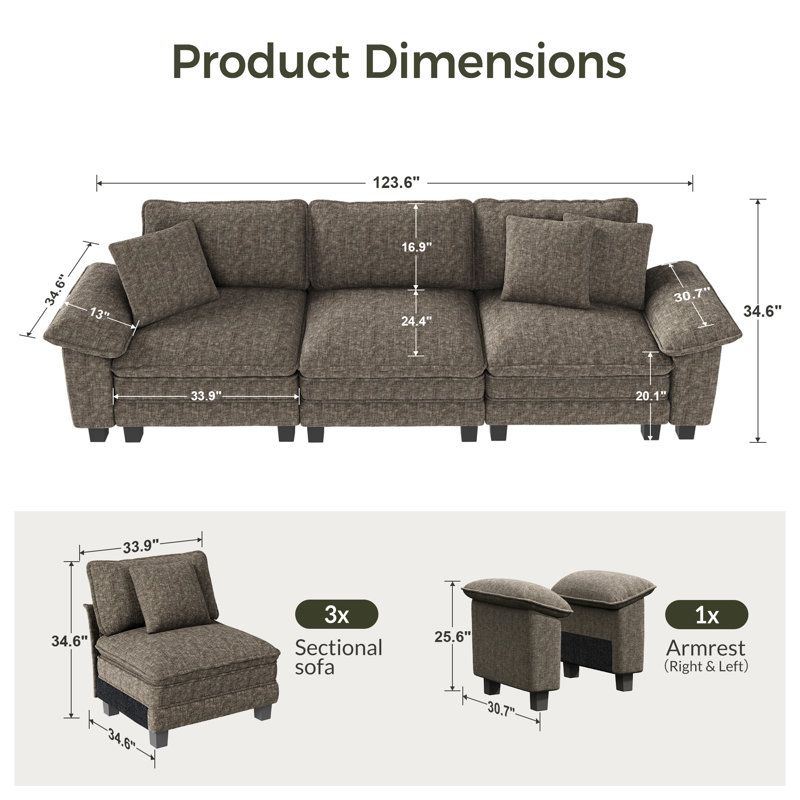 124" Modular Sectional Sofa, Comfy Cloud Couch For Living Room, 3-seater Deep Seat Sofa With Throw Pillow, Ash Chenille