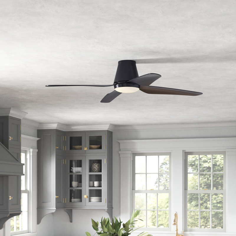Aria Hugger 52" Flush Mount Indoor/Outdoor Ceiling Fan with Light and Remote, Damp Rated, Low Profile Black LED Ceiling Fan for Low Ceiling