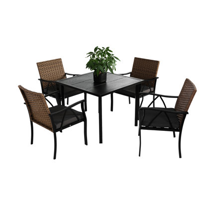 5 Outdoor Chairs And Table - Patio Dining With Square Steel Tabletop Umbrella Hole For Backyard Front Porch Fashionable Balcony