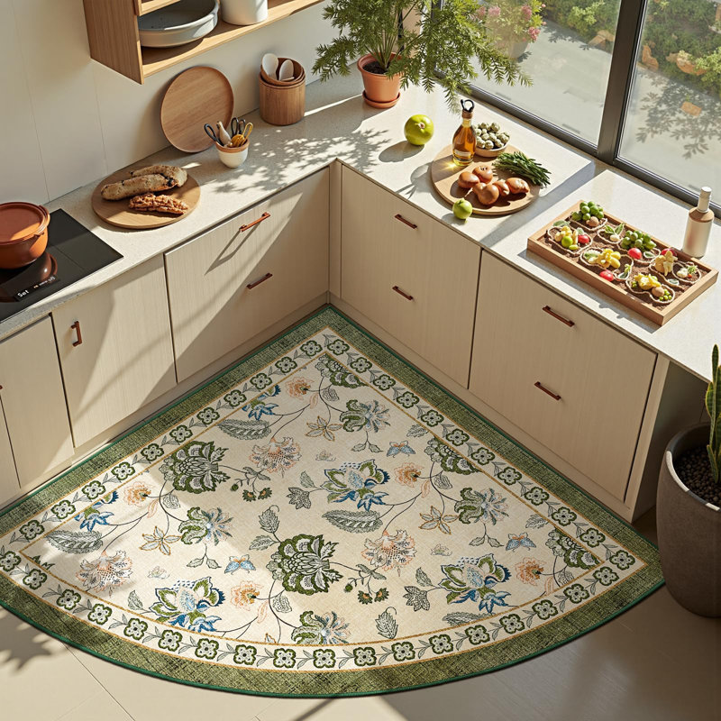 Chinoiserie Floral Rug Vintage Romance Design Washable Non-slip Green/Beige, Slice/Wedge 6', Green/Beige