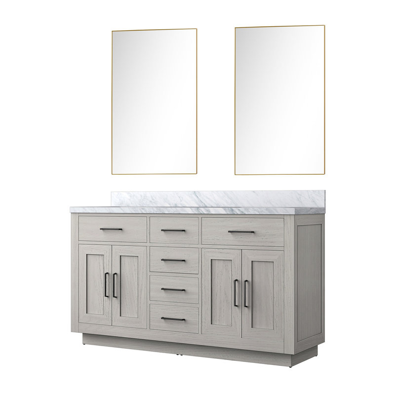 Meuble-lavabo double en chêne blanc l 60 po x P 22 po avec comptoir en marbre et miroir 55 po