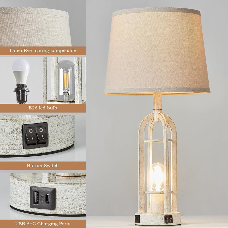 Bronze Industrial Farmhouse Bedside Lamps with Linen Shade, Set of 2