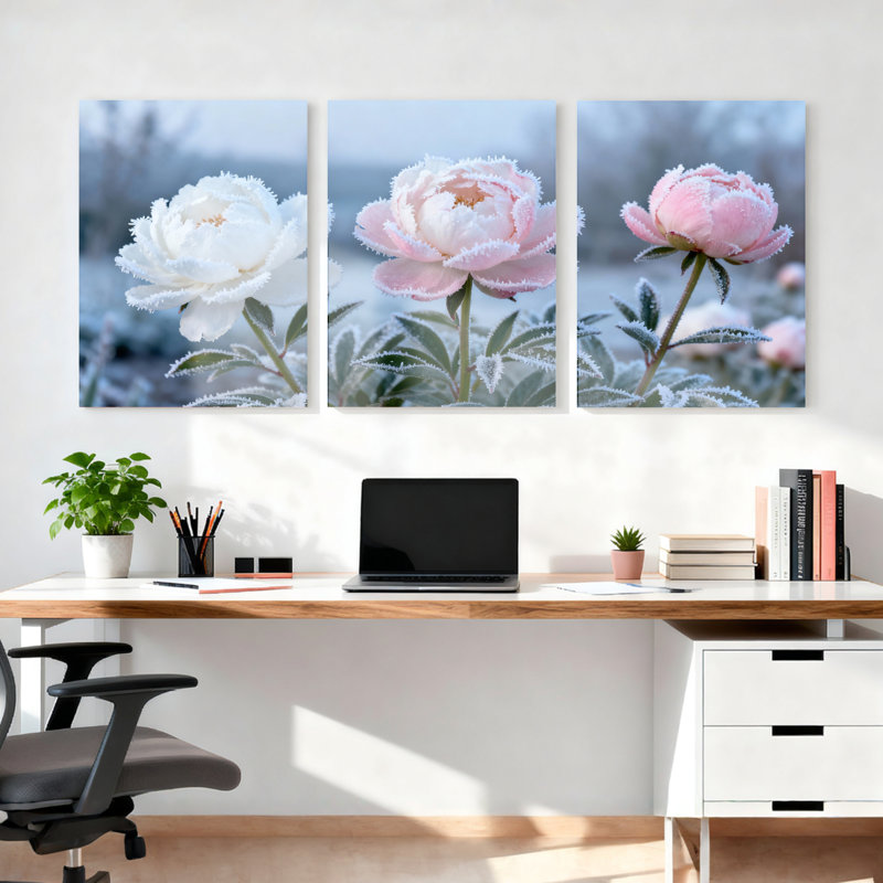 Ensemble de 3 pivoines couvertes de givre sur toile tendue sur toile, H 30 po x l 60 po