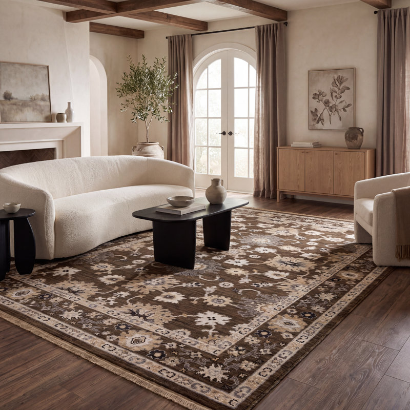 Kuester Traditional Border Brown/ Tan Wool Blend Area Rug, Rectangle 3'3" x 5'