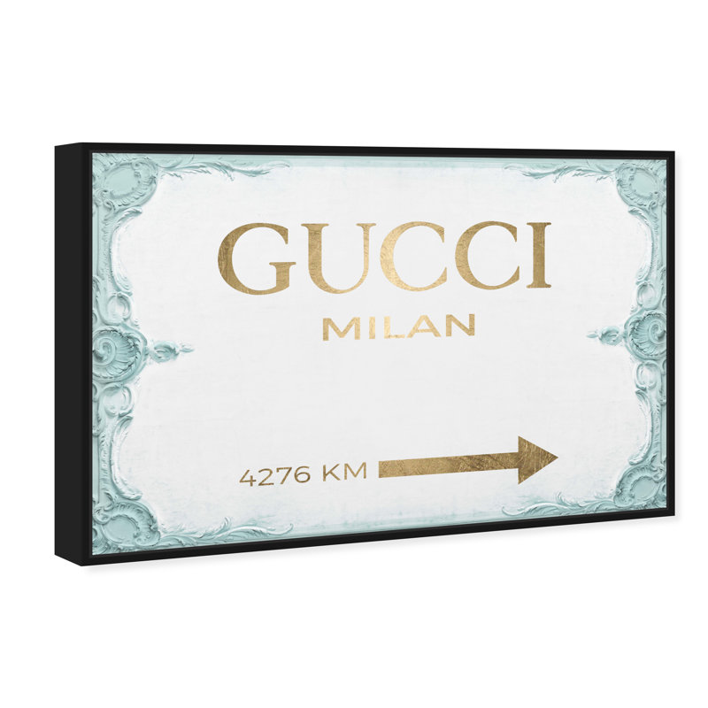«Milan Sign Aqua», art textuel sur toile, H 36 po x l 54 po, Cadre noir