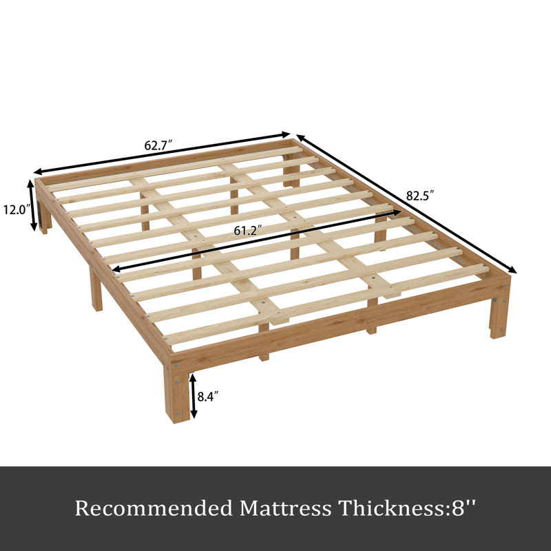 Cadre de lit plateforme grand en bois - Cadre de lit grand en bois massif de 12 pouces avec support de lattes, aucun sommier requis, assemblage facile - pin rustique