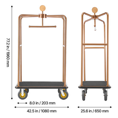 Chariot à bagages pour hôtel, chariot Bellman robuste de 1 200 lb avec structure en acier inoxydable, roues en caoutchouc de 8 po, plateforme en moquette noire, chariot à bagages commercial pour hôtels, complexes hôteliers, or rose