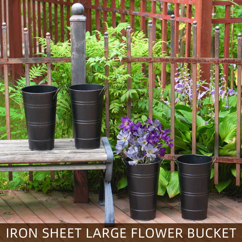 12 Inch Large Galvanized Metal Vases Farmhouse French Flower Bucket Vases for Cut Flowers for Home Decor and Wedding Table Centerpiece Decorations (Large Blcak 8Pcs)
