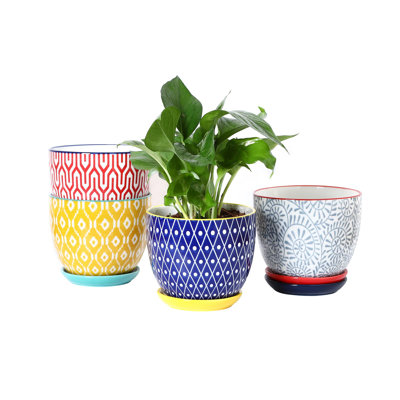 Ceramic Plant Pots, 5.6 Inch Flower Pots For Indoor Plants, Planters With Drainage Hole And Saucer, Garden Pots For Succulent, Orchid, Home Decor, Set Of 4, Assorted Colors