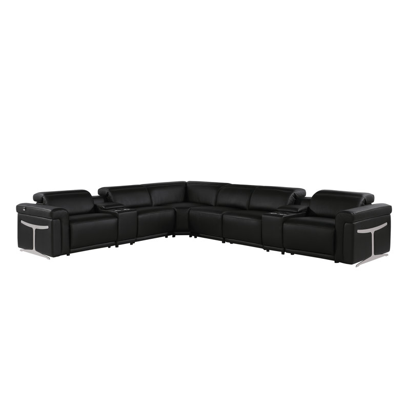 Suhur 8 - Piece Top Grain Italian Leather Power Reclining Sectional, Black Genuine Leather