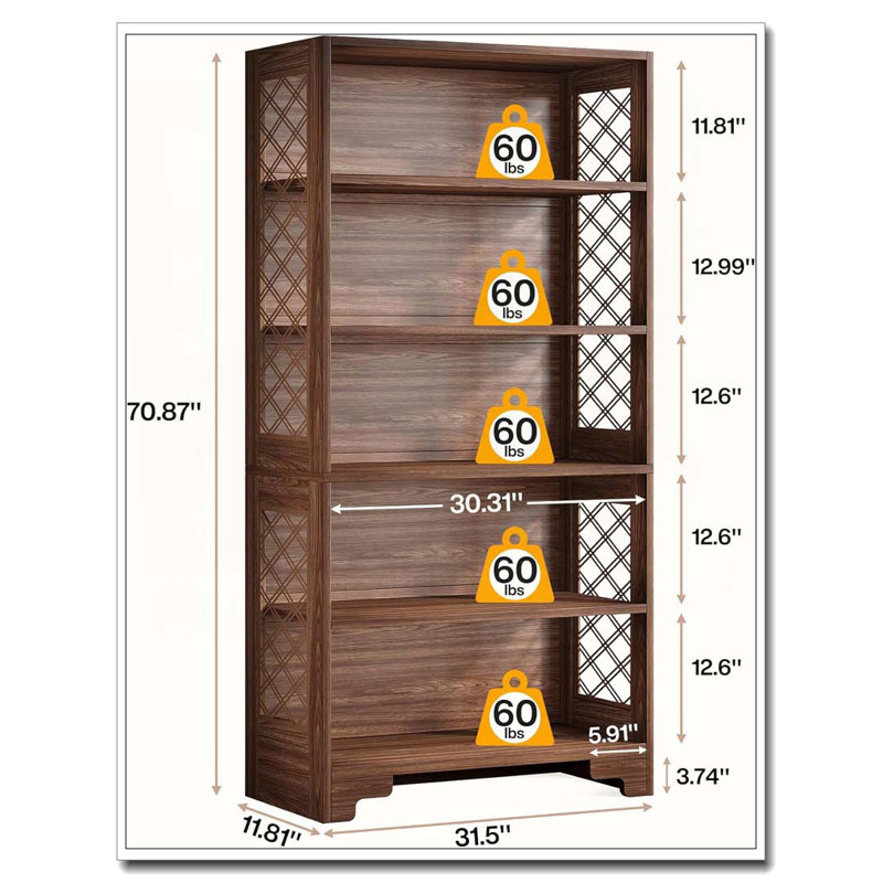 6-Tier Vintage Brown Mid-Century Bookcase For Living Room, Office, Bedroom