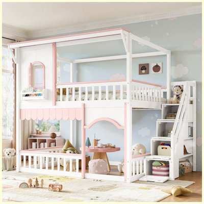 Full over Full House Bunk Bed with Storage Stairs, Window & Bookshelf, White/Pink