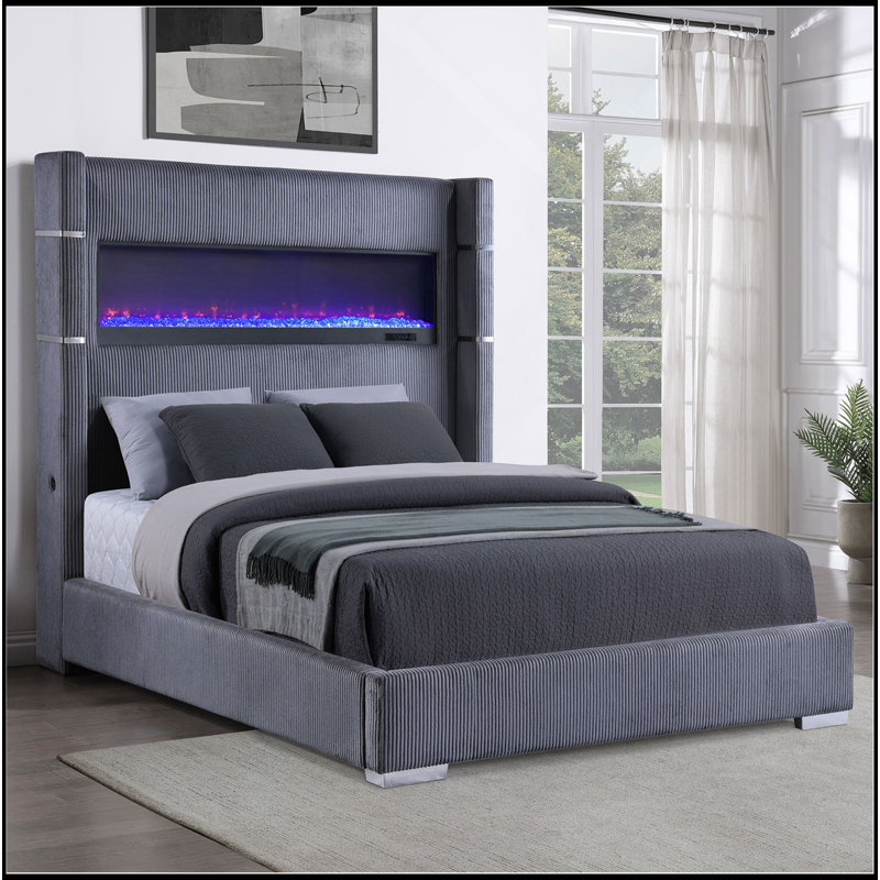 Grand lit tapissier Haven Gray avec boîte à flamme intégrée, alliant confort et ambiance personnalisable