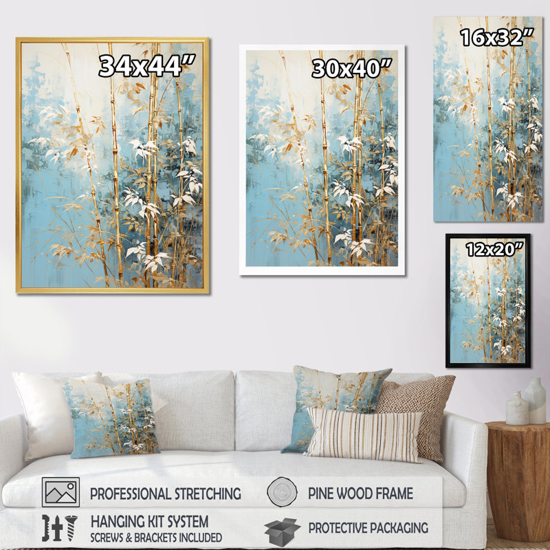 Or et bambou bleu I sur impression sur toile, Cadre photo argenté, H 20 po x l 12 po x P 1 po