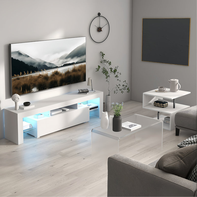 LED TV Stand For Televisions Up To 55 Inchs,Modern Entertainment Center With Down Filp Door, Glass Shelf And High Glossy UV Front Face, TV Console Table For Living Room,Bedroom,White