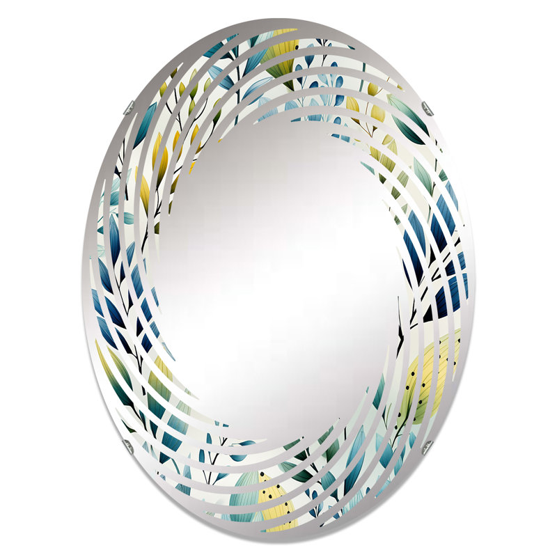 Motif botanique aquarelle à feuillage bleu - Miroir mural en spirale | Ovale, 29,5 po x 19,6 po