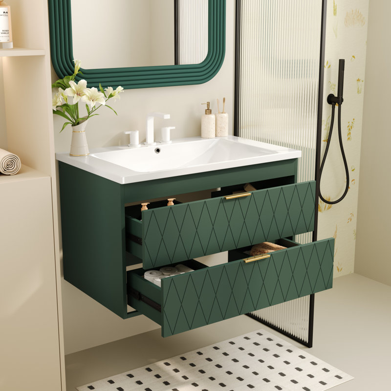 Meuble-lavabo mural avec lavabo en résine / armoire de rangement flottante avec 2 tiroirs / armoire de salle de bain