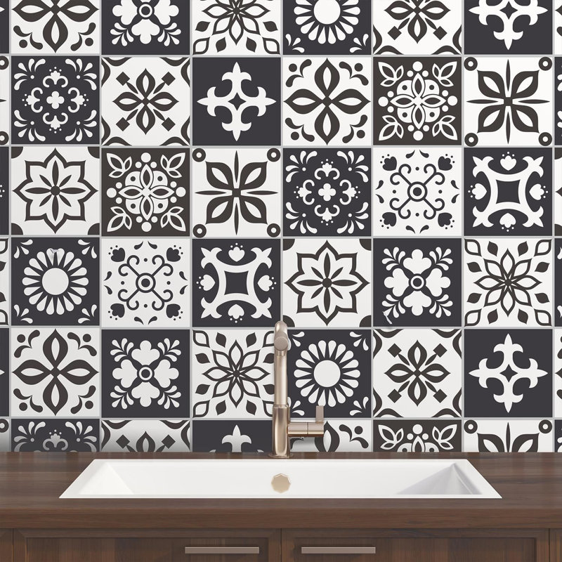 Marjorelle Moroccan Wall Tile Sticker Set 15cm x 15cm PVC, Black/White